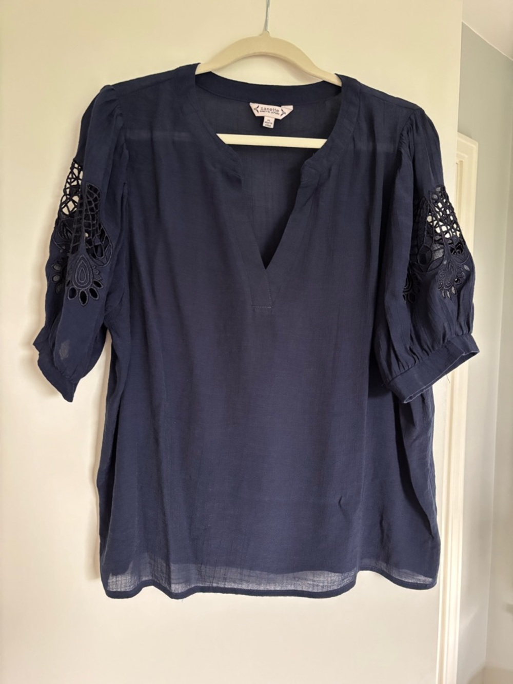 Nanette Lepore Navy Split-Neck Tunic with Eyelet Sleeve Detail